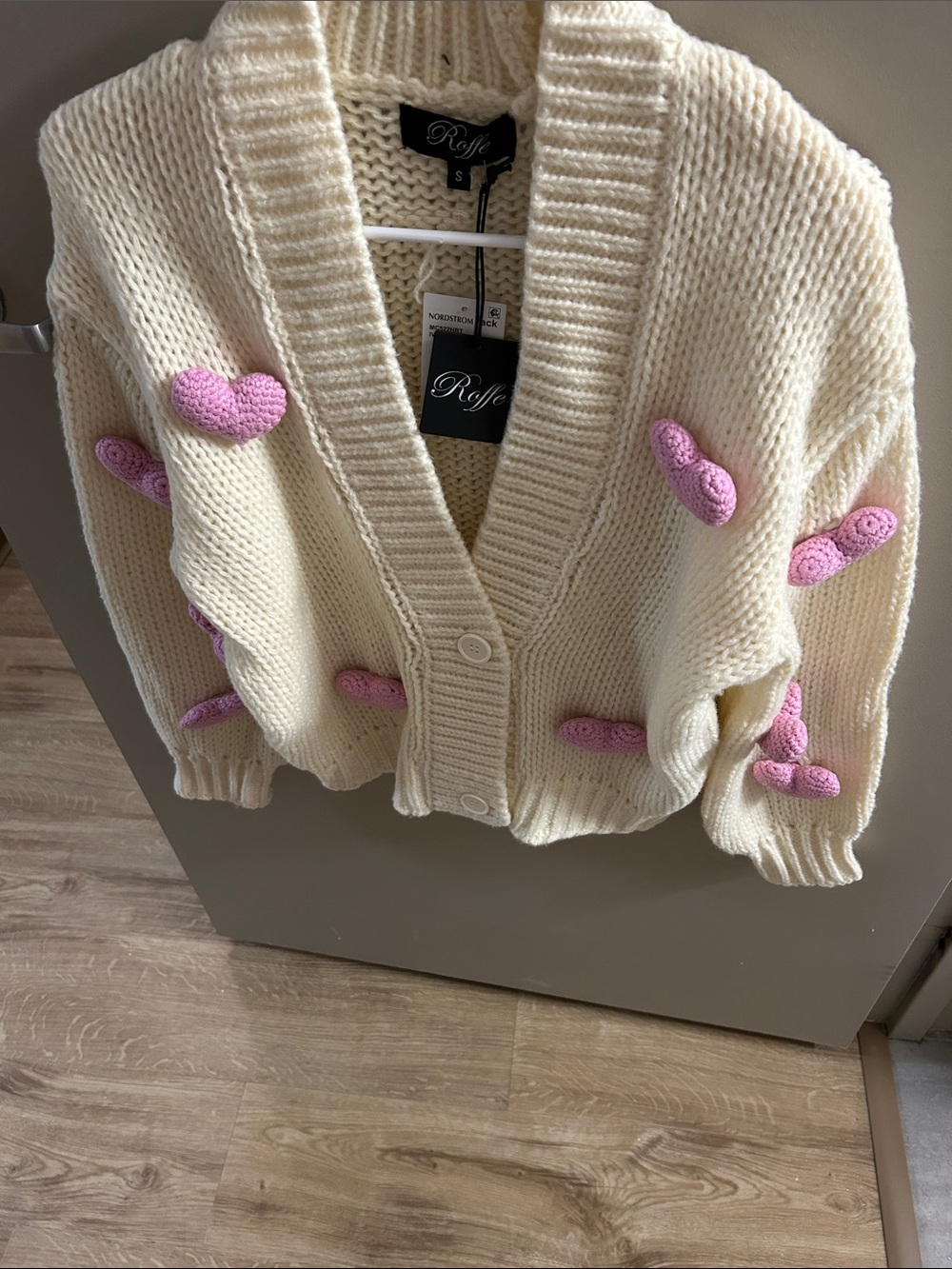 Roffe Cream Cropped Cardigan with Pink Heart Appliqués